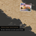 Italien Landkarte in Sonar Black (Schwarz-Gold) als Leinwand zum Pinnen zeigt einen Ausschnitt von Rom, Abruzzien und Kampanien mit vielen Details wie Nationalparks, Flüssen und zahlreichen kleinen Orten und Städten, die teilweise mit Pins markiert sind