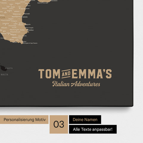Italien-Karte zum Pinnen in Sonar Black (Schwarz-Gold) mit Personalisierung im Vintage-Stil