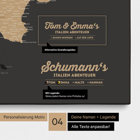 Italien-Karte als Leinwand in Sonar Black (Schwarz-Gold) mit Personalisierung als Logo mit Familiennamen und Legende für Orte, die man bereits besucht hat und noch besuchen möchte