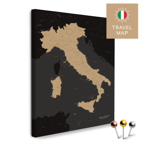 Italien-Landkarte in der Farbe Sonar Black (Schwarz-Gold) in einem modernen, minimalistischem Design als Leinwand zum Pinnen von Reisen und Orten