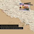 Italien Landkarte in Treasure Gold (Gold-Beige) als Leinwand zum Pinnen zeigt einen Ausschnitt von Rom, Abruzzien und Kampanien mit vielen Details wie Nationalparks, Flüssen und zahlreichen kleinen Orten und Städten, die teilweise mit Pins markiert sind