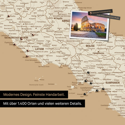 Italien Landkarte in Treasure Gold (Gold-Beige) als Leinwand zum Pinnen zeigt einen Ausschnitt von Rom, Abruzzien und Kampanien mit vielen Details wie Nationalparks, Flüssen und zahlreichen kleinen Orten und Städten, die teilweise mit Pins markiert sind
