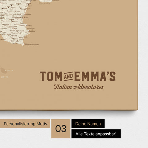 Italien-Karte zum Pinnen in Treasure Gold (Gold-Beige) mit Personalisierung im Vintage-Stil