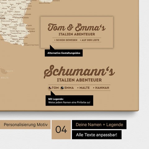 Italien-Karte als Leinwand in Treasure Gold (Gold-Beige) mit Personalisierung als Logo mit Familiennamen und Legende für Orte, die man bereits besucht hat und noch besuchen möchte