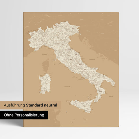 Neutrale Standard Ausführung der detaillierten Italien-Karte als Pinnwand Leinwand in Treasure Gold (Gold-Beige) ohne Personalisierung