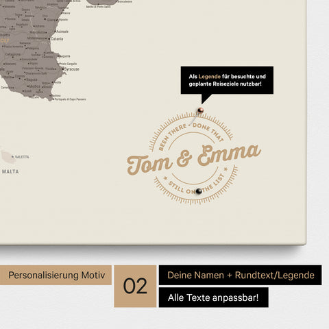 Italien-Karte Pinn-Leinwand in Warmgray (Braun-Grau) mit Personalisierung als rundes Logo, das eine Legende für bereits besuchte Reiseziele im Rundtext beinhaltet