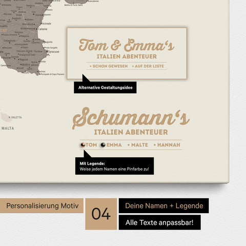 Italien-Karte als Leinwand in Warmgray (Braun-Grau) mit Personalisierung als Logo mit Familiennamen und Legende für Orte, die man bereits besucht hat und noch besuchen möchte