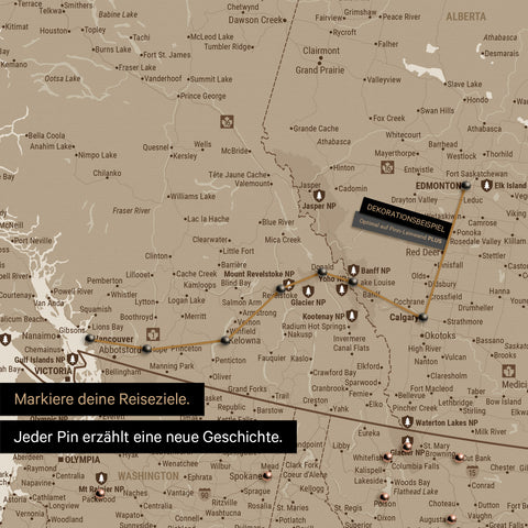 Detaillierte Kanada & USA Karte als Pinn-Leinand in Beige zeigt Pins ins Reisezielen von British Columbia und Washington