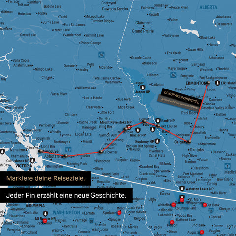 Detaillierte Kanada & USA Karte als Pinn-Leinand in Blau zeigt Pins ins Reisezielen von British Columbia und Washington