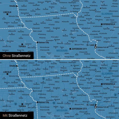 Kanada & USA Karte Pinn-Leinwand in Blau optional mit dem Straßennetz der größten Highways und Interstates