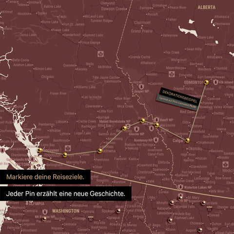 Detaillierte Kanada & USA Karte als Pinn-Leinand in Bordeaux Rot zeigt Pins ins Reisezielen von British Columbia und Washington