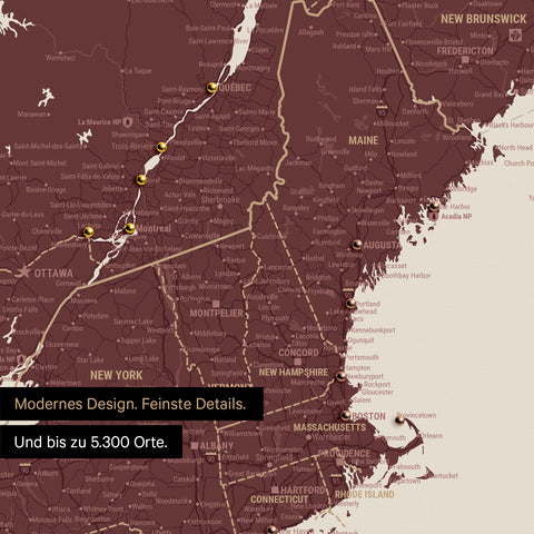 Ausschnitt einer Kanada & USA Landkarte als Pinn-Leinwand in Bordeaux Rot zeigt Reiseziele und Highlights in New Brunswick und New England