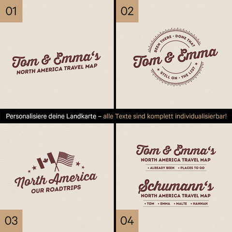 Kanada & USA Landkarte mit hohem Detailgrad als Pinnwand Leinwand in Bordeaux Rot mit Personalisierung und Eindruck mit deinem Namen