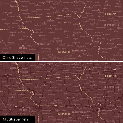 Kanada & USA Karte Pinn-Leinwand in Bordeaux Rot optional mit dem Straßennetz der größten Highways und Interstates