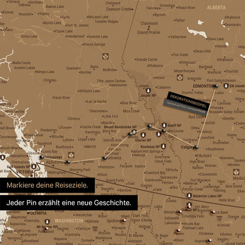 Detaillierte Kanada & USA Karte als Pinn-Leinand in Bronze zeigt Pins ins Reisezielen von British Columbia und Washington