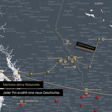Detaillierte Kanada & USA Karte als Pinn-Leinand in Denim Blue zeigt Pins ins Reisezielen von British Columbia und Washington