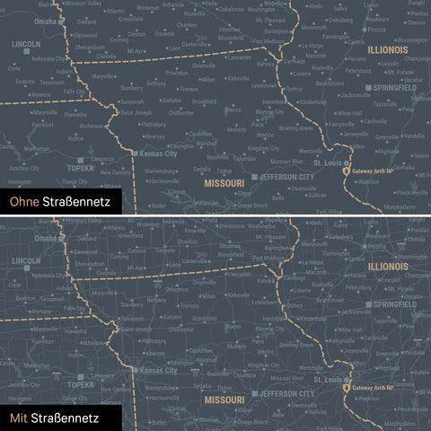 Kanada & USA Karte Pinn-Leinwand in Denim Blue optional mit dem Straßennetz der größten Highways und Interstates