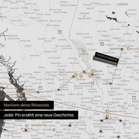 Detaillierte Kanada & USA Karte als Pinn-Leinand in Dunkelgrau zeigt Pins ins Reisezielen von British Columbia und Washington