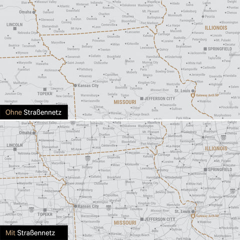 Kanada & USA Karte Pinn-Leinwand in Dunkelgrau optional mit dem Straßennetz der größten Highways und Interstates