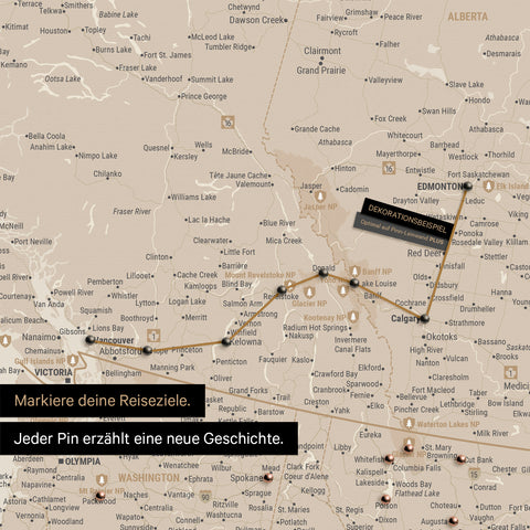 Detaillierte Kanada & USA Karte als Pinn-Leinand in Gold zeigt Pins ins Reisezielen von British Columbia und Washington