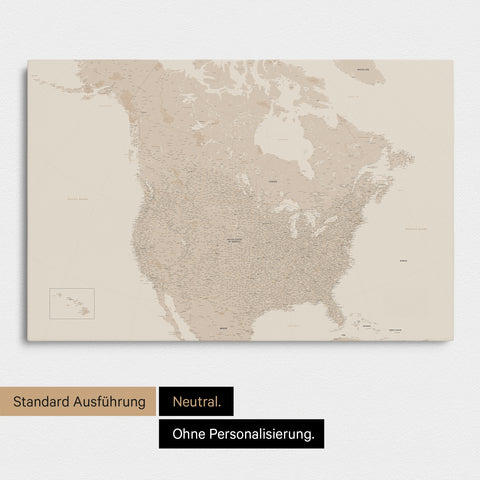Neutrale und schlichte Ausführung einer Kanada & USA Karte als Pinn-Leinwand in Gold