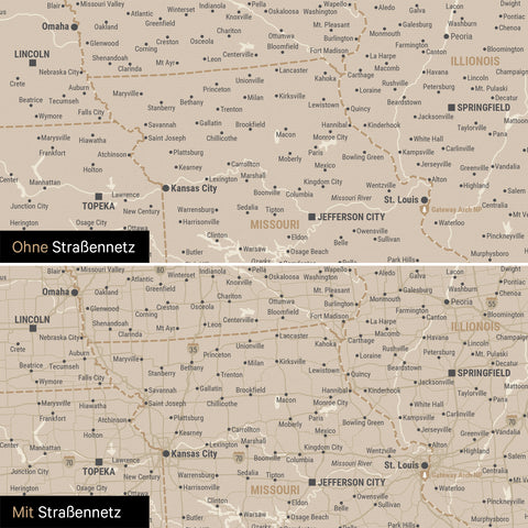 Kanada & USA Karte Pinn-Leinwand in Gold optional mit dem Straßennetz der größten Highways und Interstates