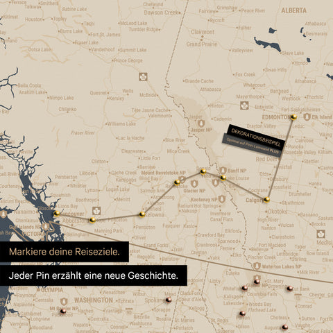 Detaillierte Kanada & USA Karte als Pinn-Leinand in Hale Navy (Dunkelblau-Gold) zeigt Pins ins Reisezielen von British Columbia und Washington