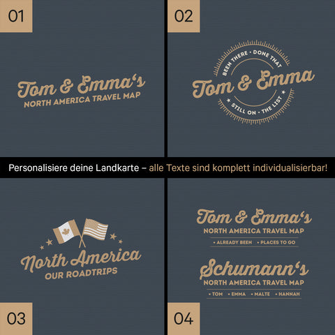 Kanada & USA Landkarte mit hohem Detailgrad als Pinnwand Leinwand in Hale Navy (Dunkelblau-Gold) mit Personalisierung und Eindruck mit deinem Namen