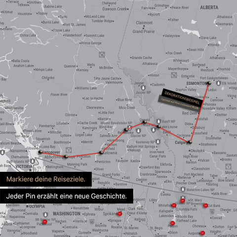 Detaillierte Kanada & USA Karte als Pinn-Leinand in Hellgrau zeigt Pins ins Reisezielen von British Columbia und Washington