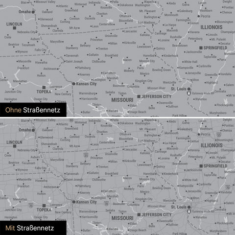 Kanada & USA Karte Pinn-Leinwand in Hellgrau optional mit dem Straßennetz der größten Highways und Interstates