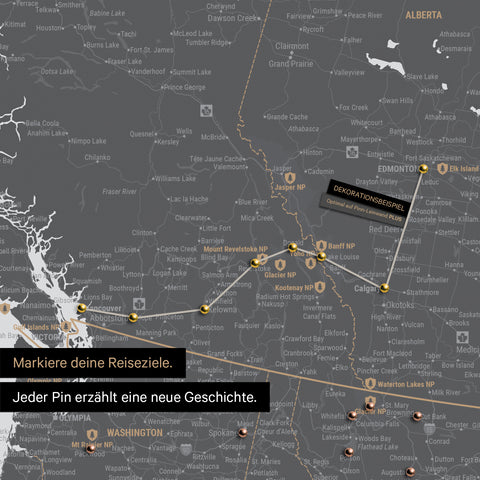 Detaillierte Kanada & USA Karte als Pinn-Leinand in Light Gray zeigt Pins ins Reisezielen von British Columbia und Washington