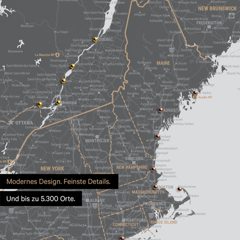 Ausschnitt einer Kanada & USA Landkarte als Pinn-Leinwand in Light Gray zeigt Reiseziele und Highlights in New Brunswick und New England