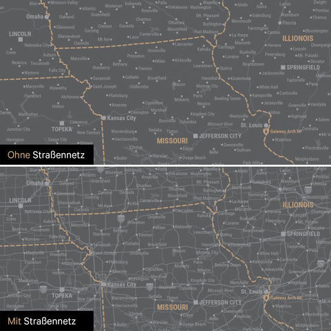 Kanada & USA Karte Pinn-Leinwand in Light Gray optional mit dem Straßennetz der größten Highways und Interstates