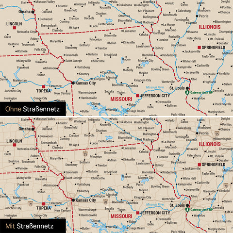 Kanada & USA Karte Pinn-Leinwand in Multicolor optional mit dem Straßennetz der größten Highways und Interstates