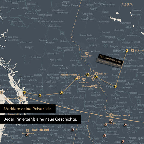 Detaillierte Kanada & USA Karte als Pinn-Leinand in Navy Light zeigt Pins ins Reisezielen von British Columbia und Washington
