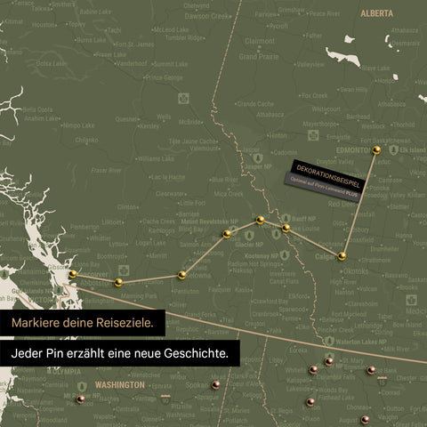 Detaillierte Kanada & USA Karte als Pinn-Leinand in Grün zeigt Pins ins Reisezielen von British Columbia und Washington