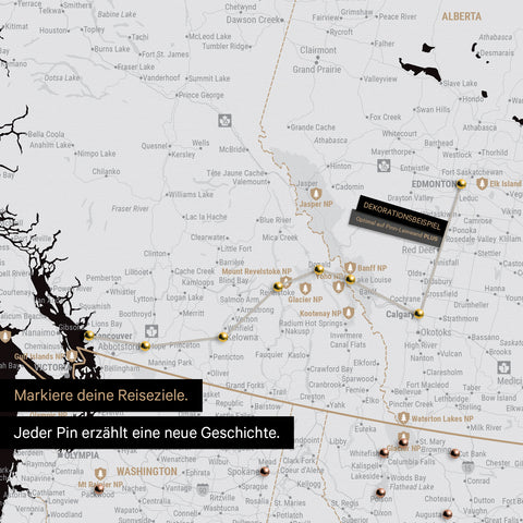 Detaillierte Kanada & USA Karte als Pinn-Leinand in Schwarz-Weiss zeigt Pins ins Reisezielen von British Columbia und Washington