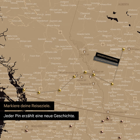 Detaillierte Kanada & USA Karte als Pinn-Leinand in Sonar Black zeigt Pins ins Reisezielen von British Columbia und Washington