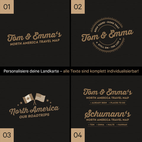 Kanada & USA Landkarte mit hohem Detailgrad als Pinnwand Leinwand in Sonar Black mit Personalisierung und Eindruck mit deinem Namen