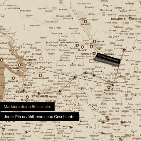 Detaillierte Kanada & USA Karte als Pinn-Leinand in Treasure Gold zeigt Pins ins Reisezielen von British Columbia und Washington