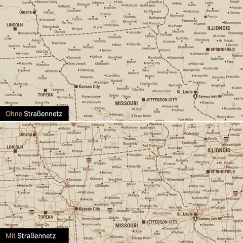 Kanada & USA Karte Pinn-Leinwand in Treasure Gold optional mit dem Straßennetz der größten Highways und Interstates