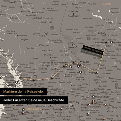 Detaillierte Kanada & USA Karte als Pinn-Leinand in Warmgray (Braun-Grau) zeigt Pins ins Reisezielen von British Columbia und Washington