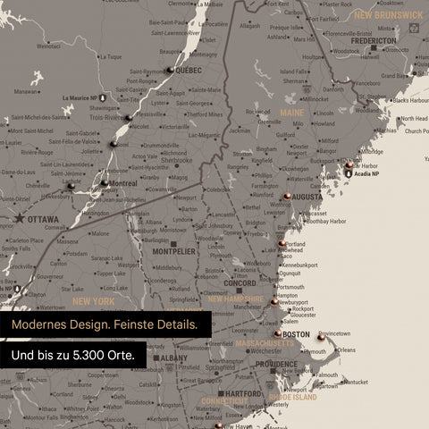 Ausschnitt einer Kanada & USA Landkarte als Pinn-Leinwand in Warmgray (Braun-Grau) zeigt Reiseziele und Highlights in New Brunswick und New England