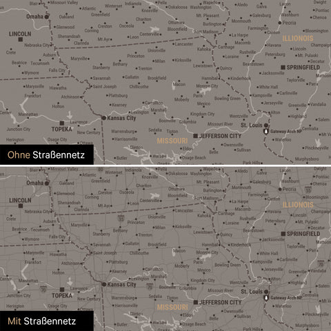 Kanada & USA Karte Pinn-Leinwand in Warmgray (Braun-Grau) optional mit dem Straßennetz der größten Highways und Interstates