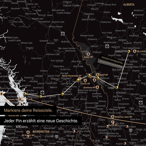 Detaillierte Kanada & USA Karte als Pinn-Leinand in Weiss-Schwarz zeigt Pins ins Reisezielen von British Columbia und Washington