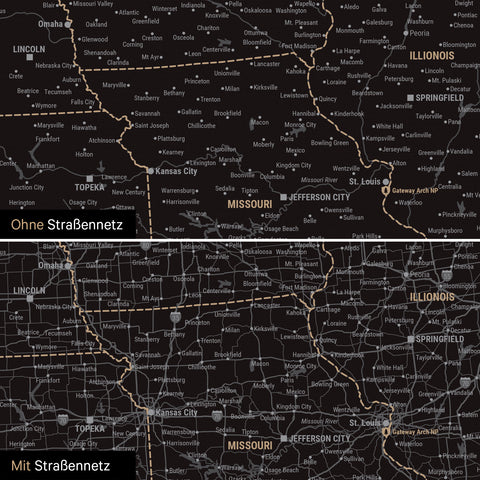 Kanada & USA Karte Pinn-Leinwand in Weiss-Schwarz optional mit dem Straßennetz der größten Highways und Interstates