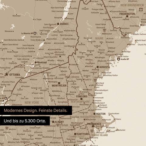 Ausschnitt eines Kanada & USA Posters zeigt Reiseziele und Highlights in New Brunswick und New England