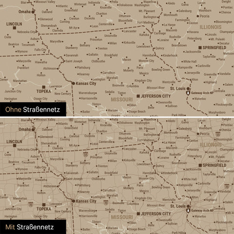 Kanada & USA Karte Poster wahlweise mit dem Straßennetz der wichtigsten Highways und Interstates