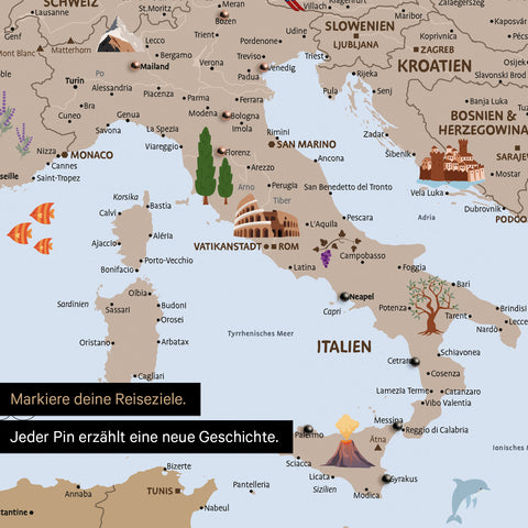 Section of a children's Europe map as a Push Pin Map in brown color shows pins of travel destinations in Italy with illustrations of the Colosseum and Tuscany