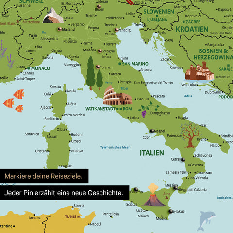 Section of a children's Europe map as a Push Pin Map in Classic color showing pins of travel destinations in Italy with illustrations of the Colosseum and Tuscany